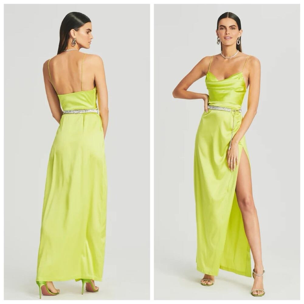 Retrofete NEW Marlene Silk Cowl Neck Side Slit Maxi Dress Neon Yellow Size XS
